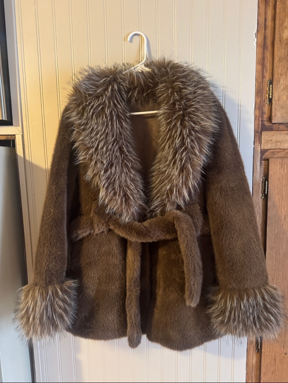 Plush Brown Faux Fur Coat with Flared Fur Trim